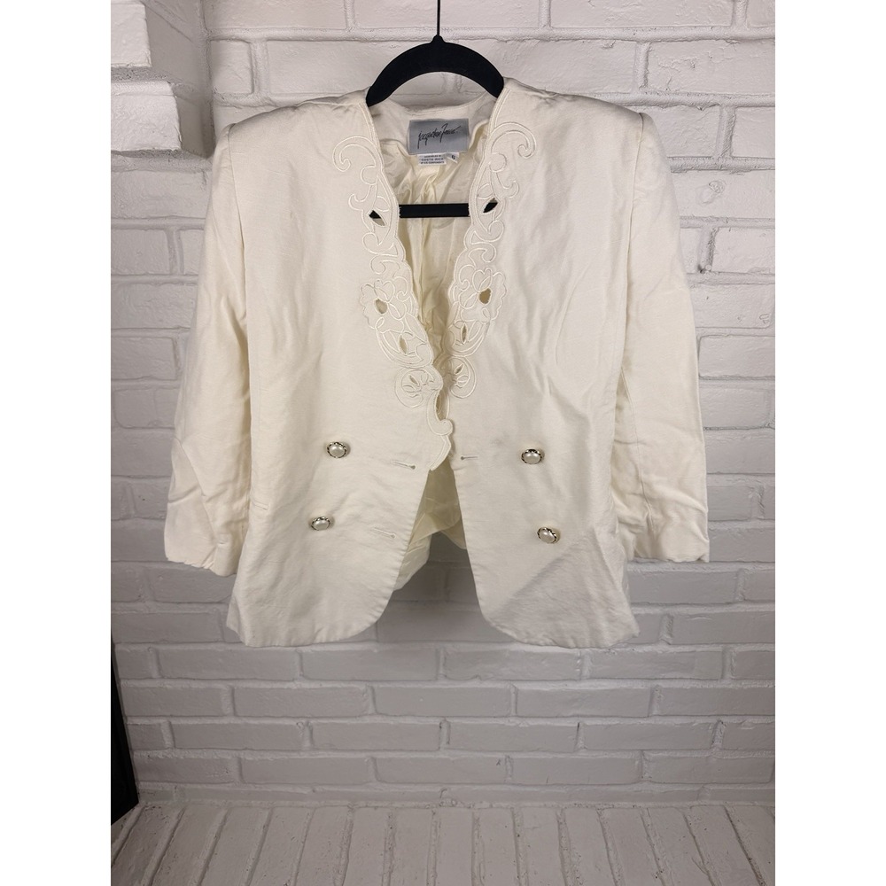 Jacqueline Ferrar Ivory Linen Blend Embroidered Blazer Jacket Size 6 Vintage